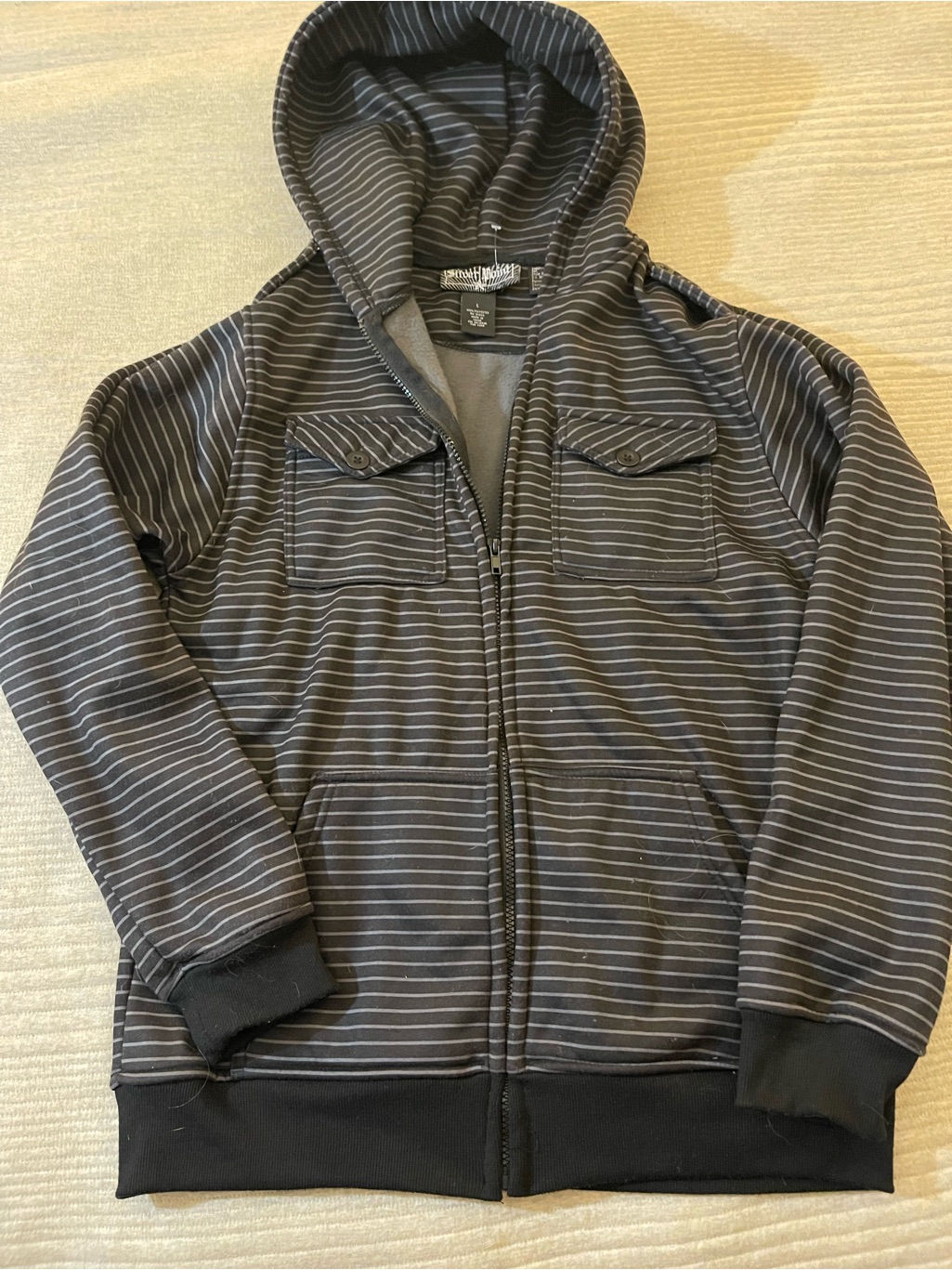 Silver Point Hoodie Jacket Mens Large Black Gray Pinstripe Fleece Lined